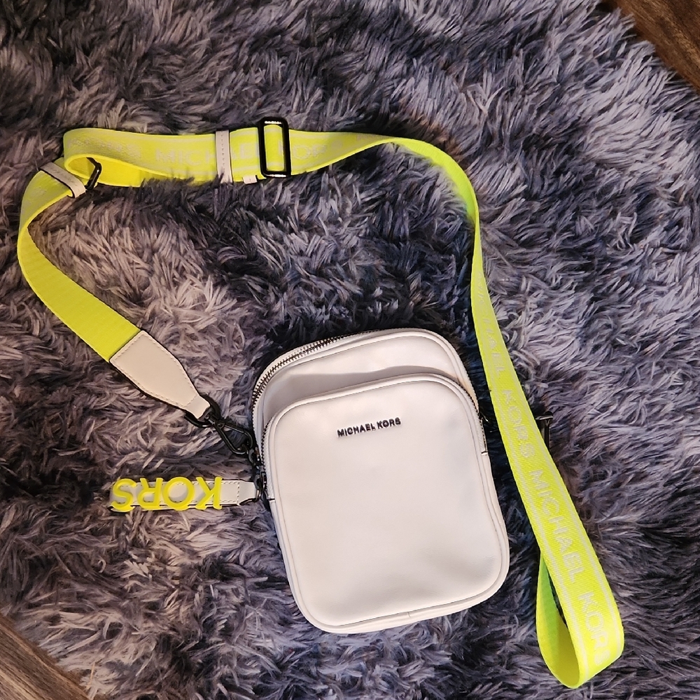Michael Kors White Bag with Neon Yellow Strap